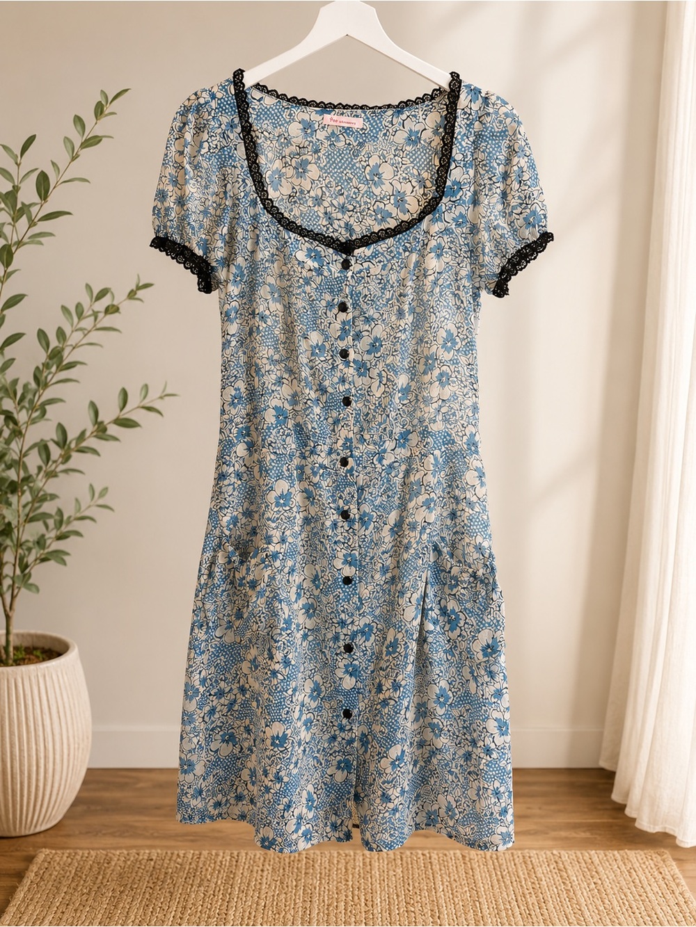 Fire Los Angeles Blue & White Floral Midi Dress with Black Lace Trim